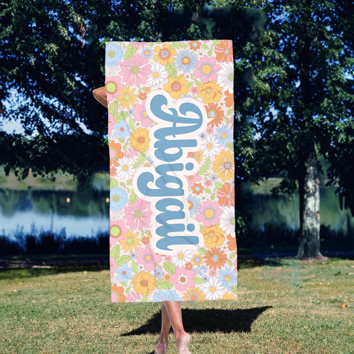 Personalisiertes Mädchen Strandtuch Namenstuch Mädchenreise, Retro Floral Individuelles Junggesellinnenabschied Brautjungfern Geschenk, Kindergeburtstag, Übergroßes Reisehandtuch