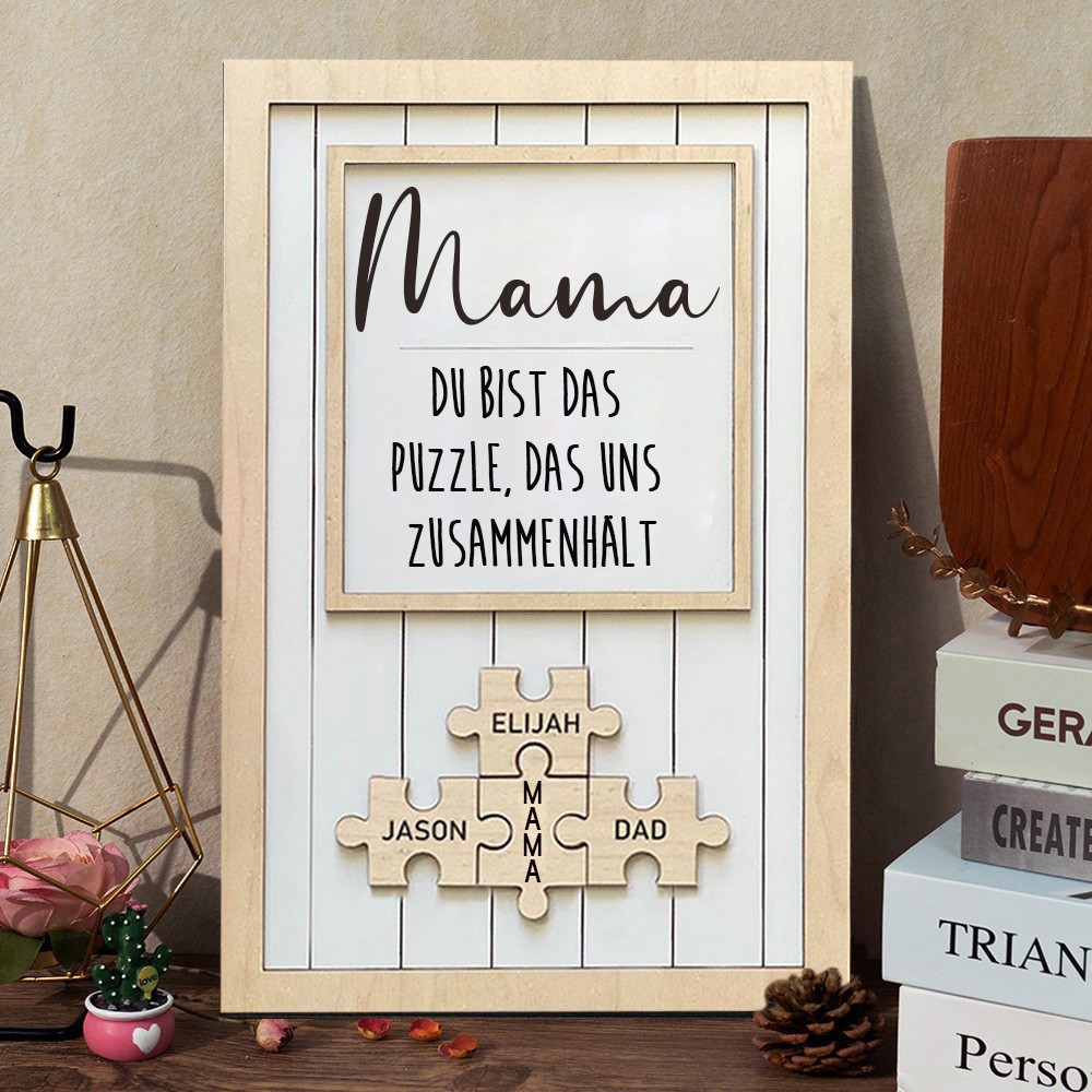 Personalisiertes Holzschild „Mama-Puzzleteile“ mit Rahmen und Kindernamen, einzigartiges Familiengeschenk für Mama, Oma, Muttertagsgeschenkideen