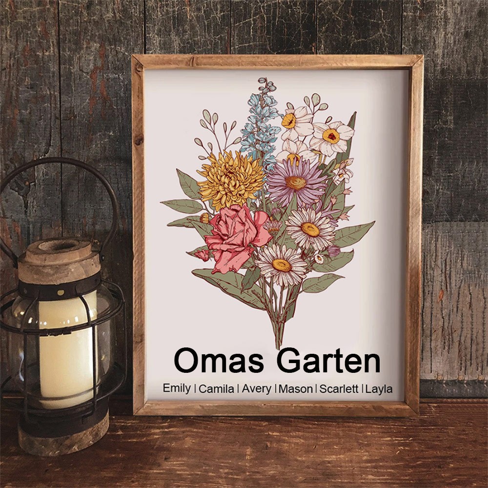 Personalisiertes Familienschild mit Geburtsblumenstrauß im Garten der Oma, mit den Namen der Enkelkinder, einzigartiges Geburtstagsgeschenk für Oma, Muttertagsgeschenkideen, Schwangerschaftsgeschenk für Mama