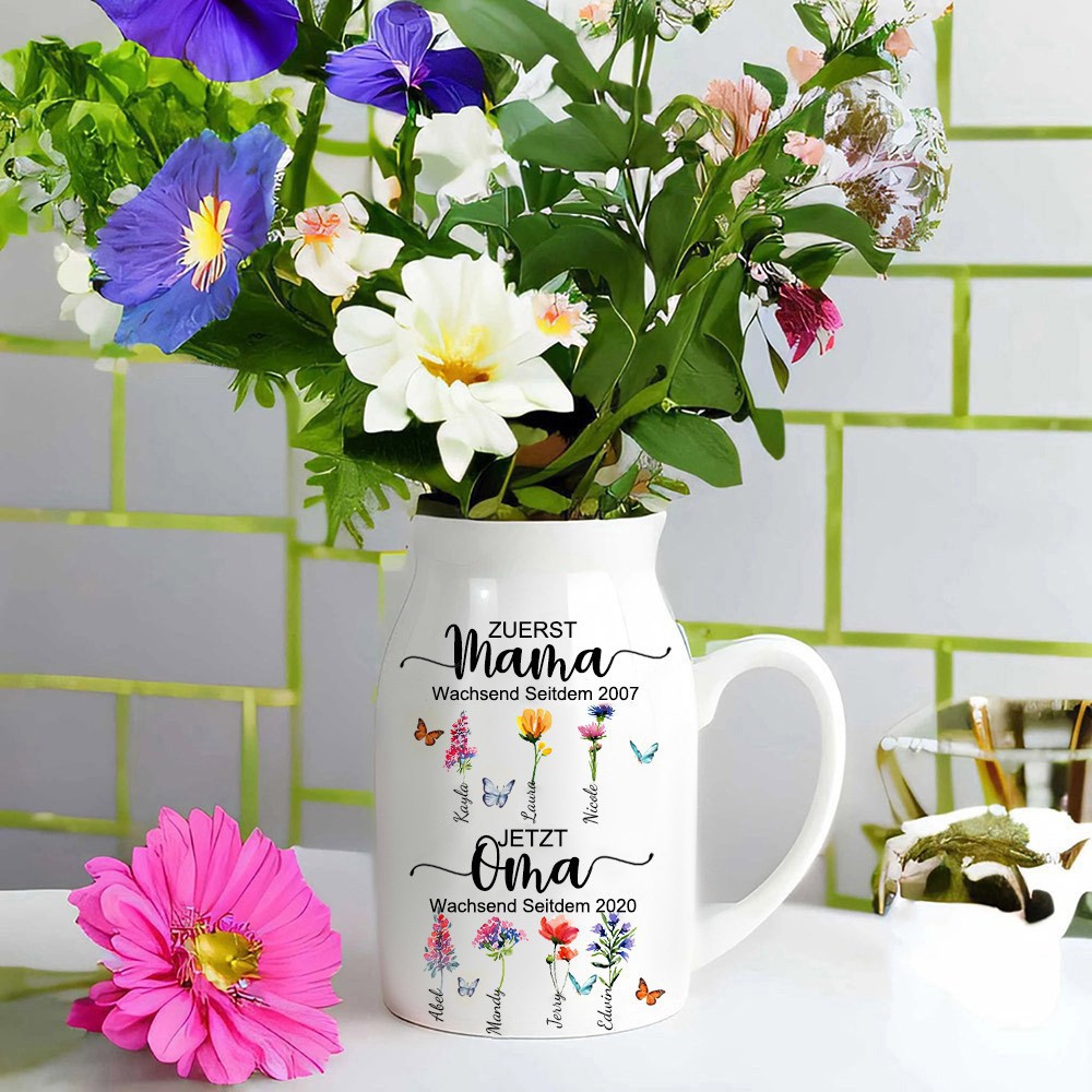 Personalisierte Kunstdruck Vase „Erst Mama, jetzt Oma“ mit Geburtsblumen und Kindernamen, einzigartige Familienandenkengeschenke für Mama, Oma, Muttertagsgeschenkideen von Kindern