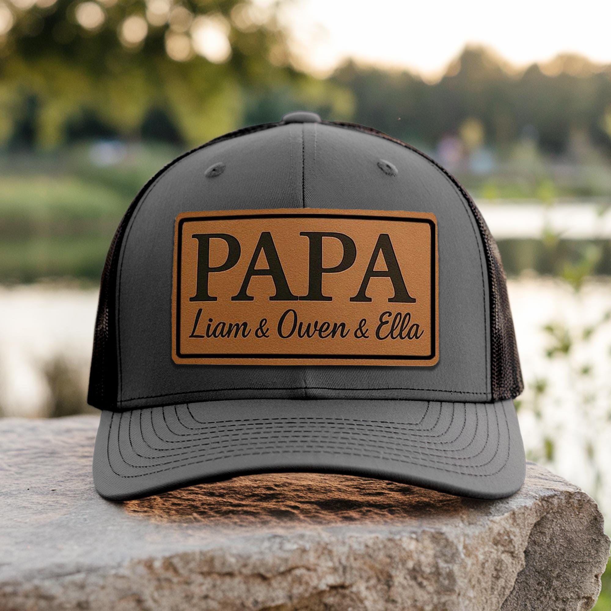 Personalisierte Leder-Patch-Mütze für Papa, Benutzerdefinierte Namensmütze, Kindernamenmütze, Vatertagsgeschenk, Benutzerdefinierte Mütze für Papa, Geburtstagsgeschenke für Papa