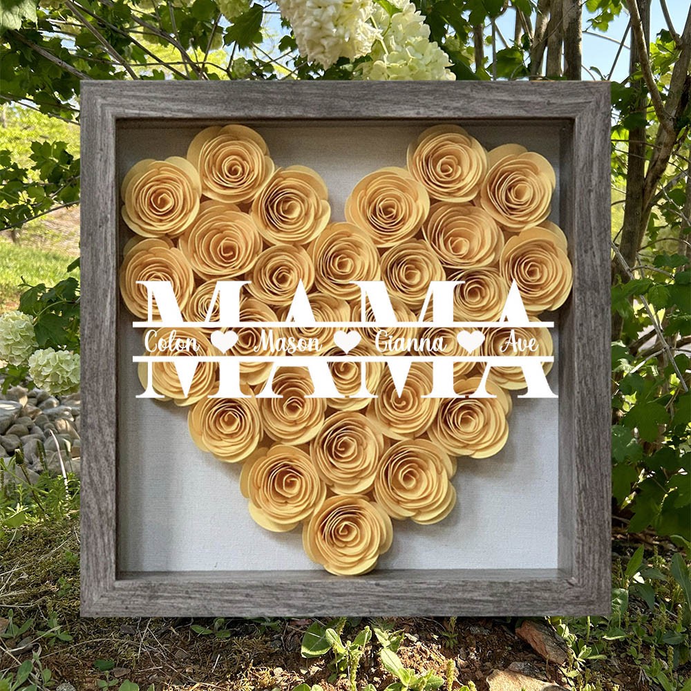 Personalisierte herzförmige Blumen-Schattenbox für Mütter mit Kindernamen, einzigartiges Familiengeschenk für Mama und Oma, besonderes Muttertagsgeschenk