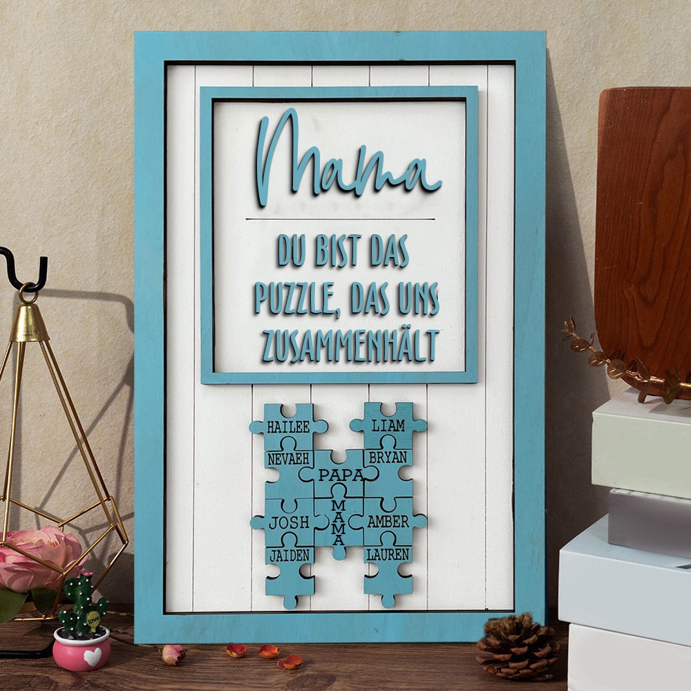 Personalisiertes Namensschild aus Holz mit Puzzleteilen für Mütter: Du bist das Teil, das uns zusammenhält. Einzigartige Geschenkideen zum Muttertag, Familienandenken, Geschenk für Mama und Oma