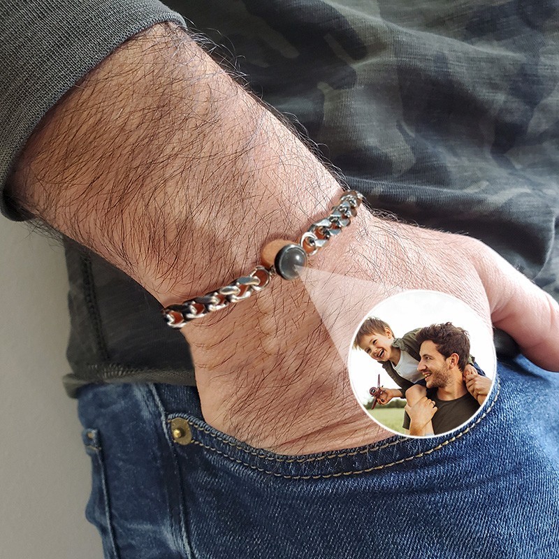 Personalisiertes Fotoprojektionsarmband für Männer mit Bild im Inneren. Einzigartige Andenken-Geschenkideen für Papa, Vatertagsgeschenk