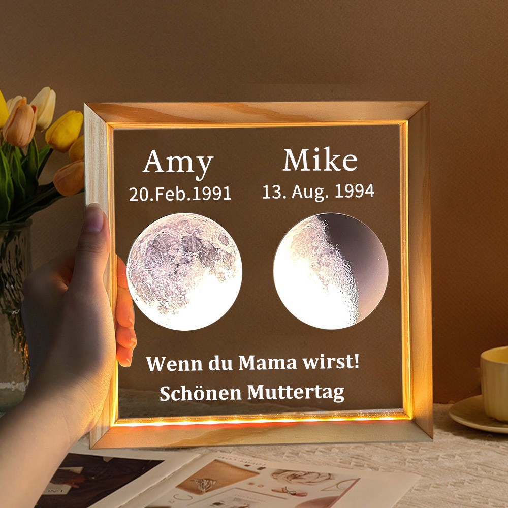 Personalisierte Kunstdruck-Mondphasen-Fotolampe mit Namen und Geburtsdatum des Kindes, perfekte Familien-Nachtlichtgeschenke für Mama, Oma, einzigartige Geschenkideen zum Muttertag
