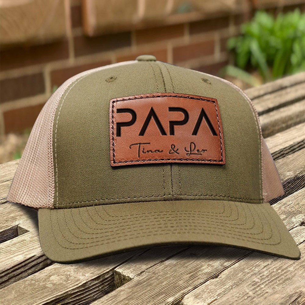 Benutzerdefinierte Papa Trucker-Mütze aus echtem Leder mit Kindernamen, Geschenk für Papa, neues Papa-Geschenk