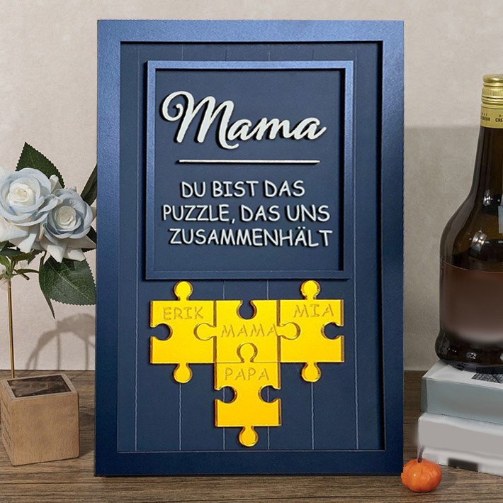 Personalisiertes Schild „Mama, Du bist das Teil, das uns zusammenhält“ aus Holz mit Puzzleteilen und Namen, einzigartiges, ideales Geschenk für Mama, Oma, Geschenkideen zum Muttertag