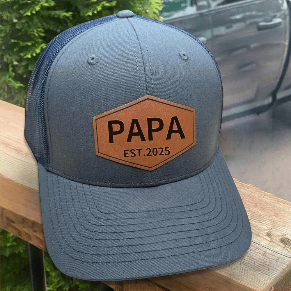 Personalisierte Papa-Patch-Mütze, Papa-Geburtstagsgeschenk, Geschenk für neuen Papa, Geschenk für Ehemann, Trucker-Mütze, Leder-Patch-Mütze, individuelle Mütze, Geschenk zum neuen Papa, einzigartiges Vatertagsgeschenk
