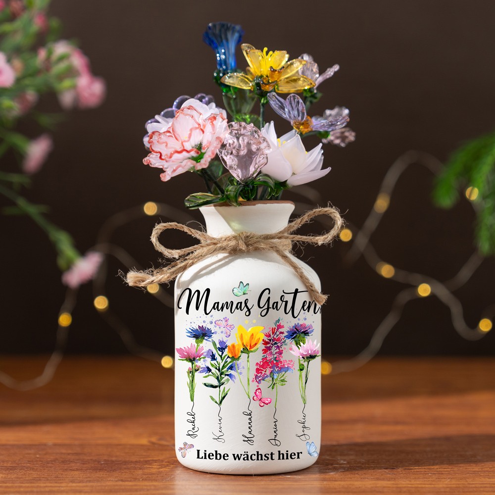 Personalisierte Blumenvase für den Garten Ihrer Mutter mit dem Geburtsmonat und den Namen Ihrer Kinder, Geschenke für Mama und Oma, einzigartiges Muttertagsgeschenk