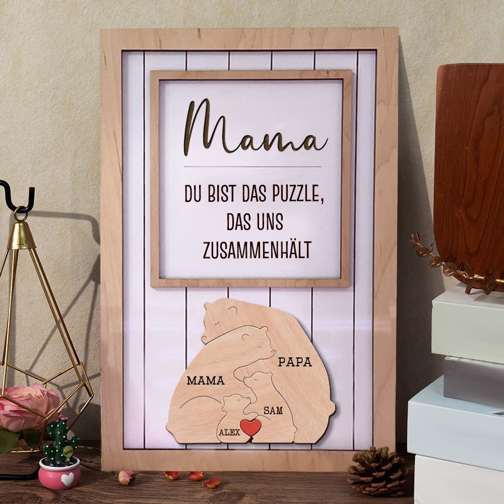 Personalisiertes Holzschild mit 2-7 Mama-Bär-Puzzleteilen und Kindernamen, einzigartiges Geburtstagsgeschenk für Mama, Oma, Muttertagsgeschenkideen, neue Mama, Holzrahmen für die Familie, Geschenke