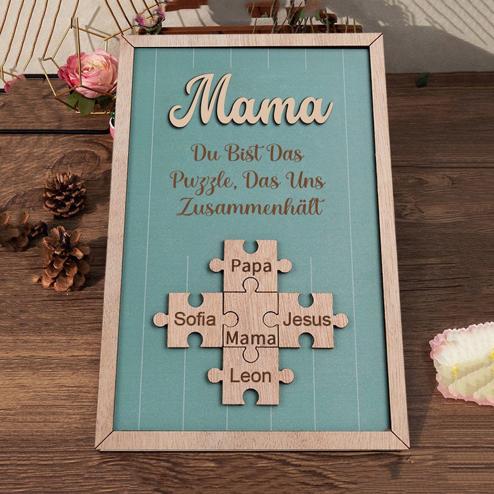 Personalisiertes Rahmenschild aus Holz für Mama mit Puzzleteilen und Kindernamen, Familienandenken, Geschenk für Mama, Oma, einzigartige Geschenkideen zum Muttertag
