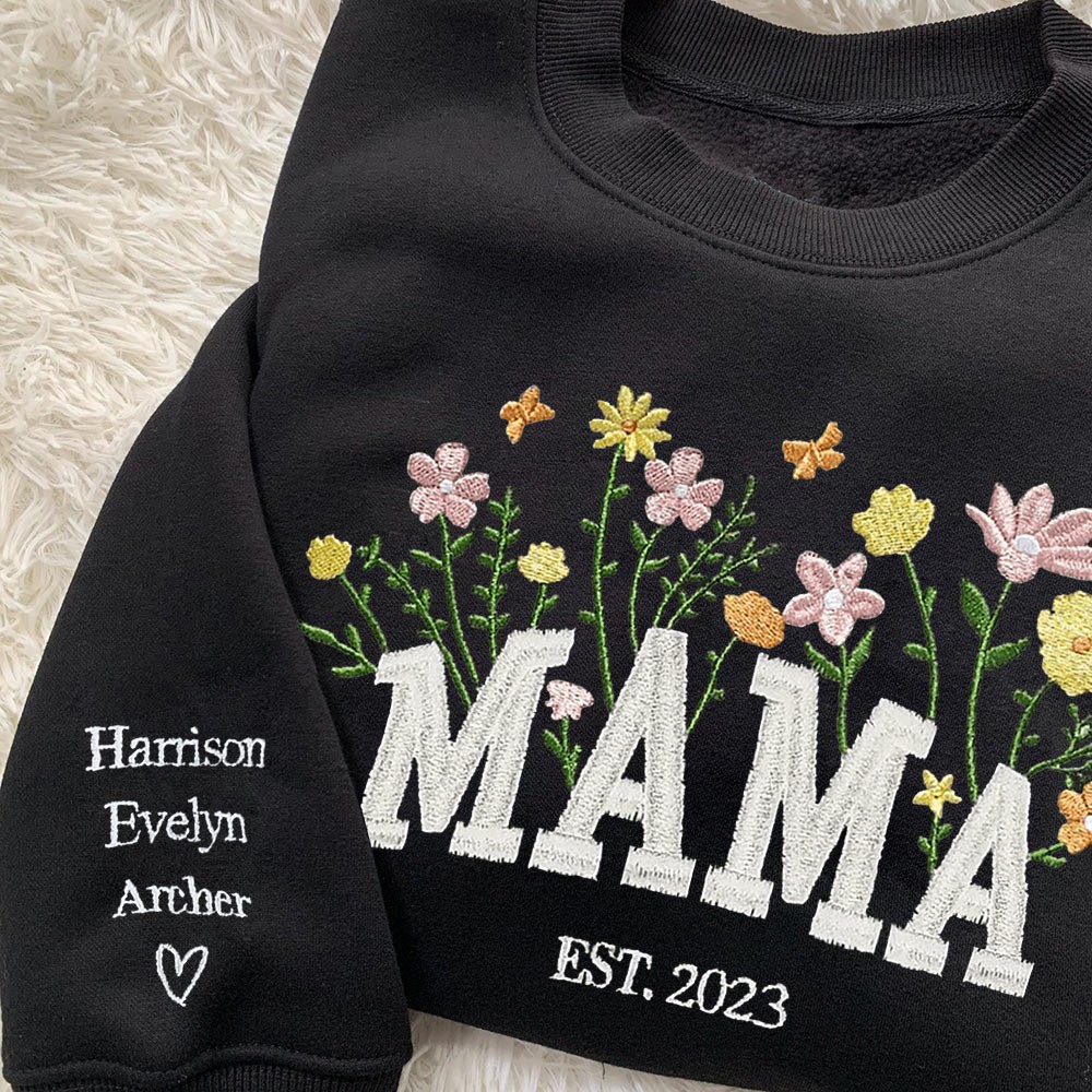Mama Besticktes Blumen Sweatshirt, Personalisierter Mama Crewneck mit Kindernamen, Oma Crew, Mama Sweatshirt bestickt, Neues Mama Sweatshirt, Muttertag Geschenkideen