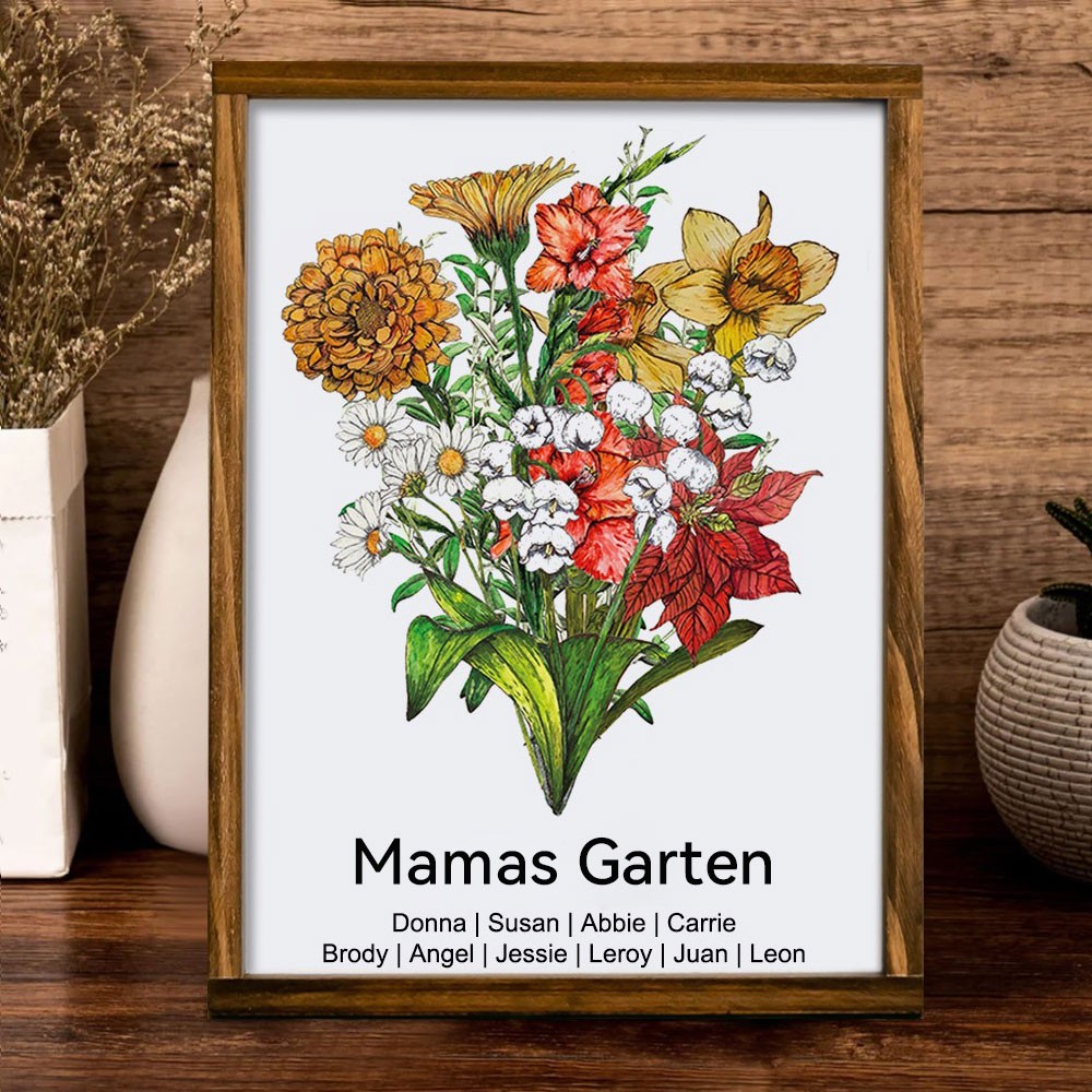 Personalisierter Geburtsblumenstrauß „Mamas Garten“ mit Familienrahmen – Herzliches Geschenk für Mama und Oma – Geschenkideen zum Muttertag