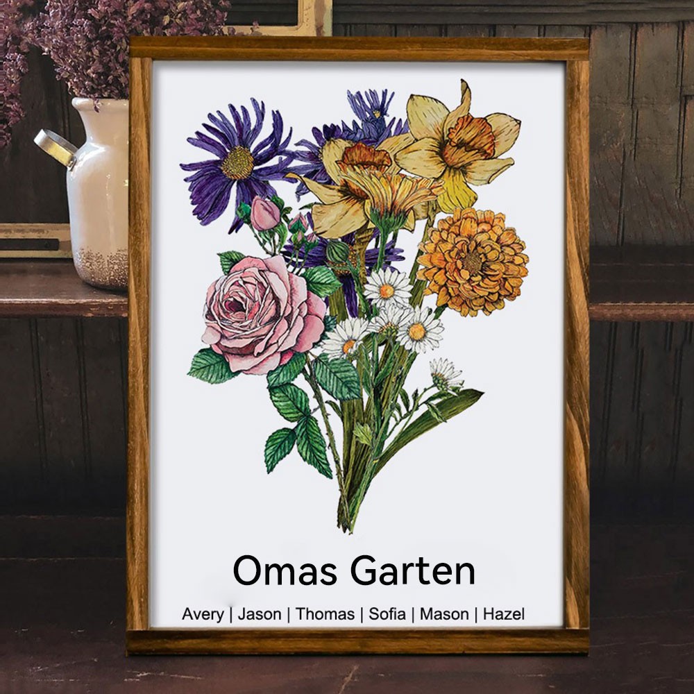 Personalisierter Geburtsblumenstrauß aus Omas Garten – Familienrahmen-Schild – Geschenkideen für Mama, Oma – Muttertagsgeschenk