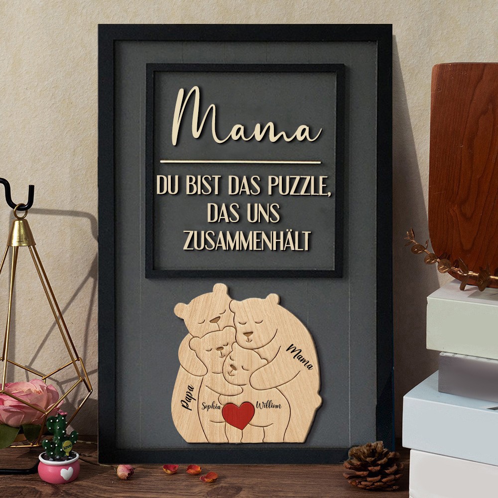 Personalisiertes Holzschild mit der Umarmung eines Mama-Bären, Puzzleteile, mit Kindernamen, einzigartiges Familien-Andenken, Geschenk für Mama, Oma, Muttertag, Geschenkideen, Geburtstagsgeschenk