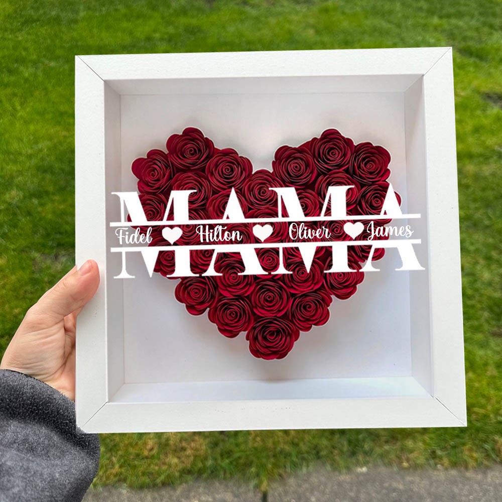 Personalisierte Blumen-Schattenschachtel für Mama mit Kindernamen – Einzigartiges Erinnerungsstück Geschenk für Mama und Oma