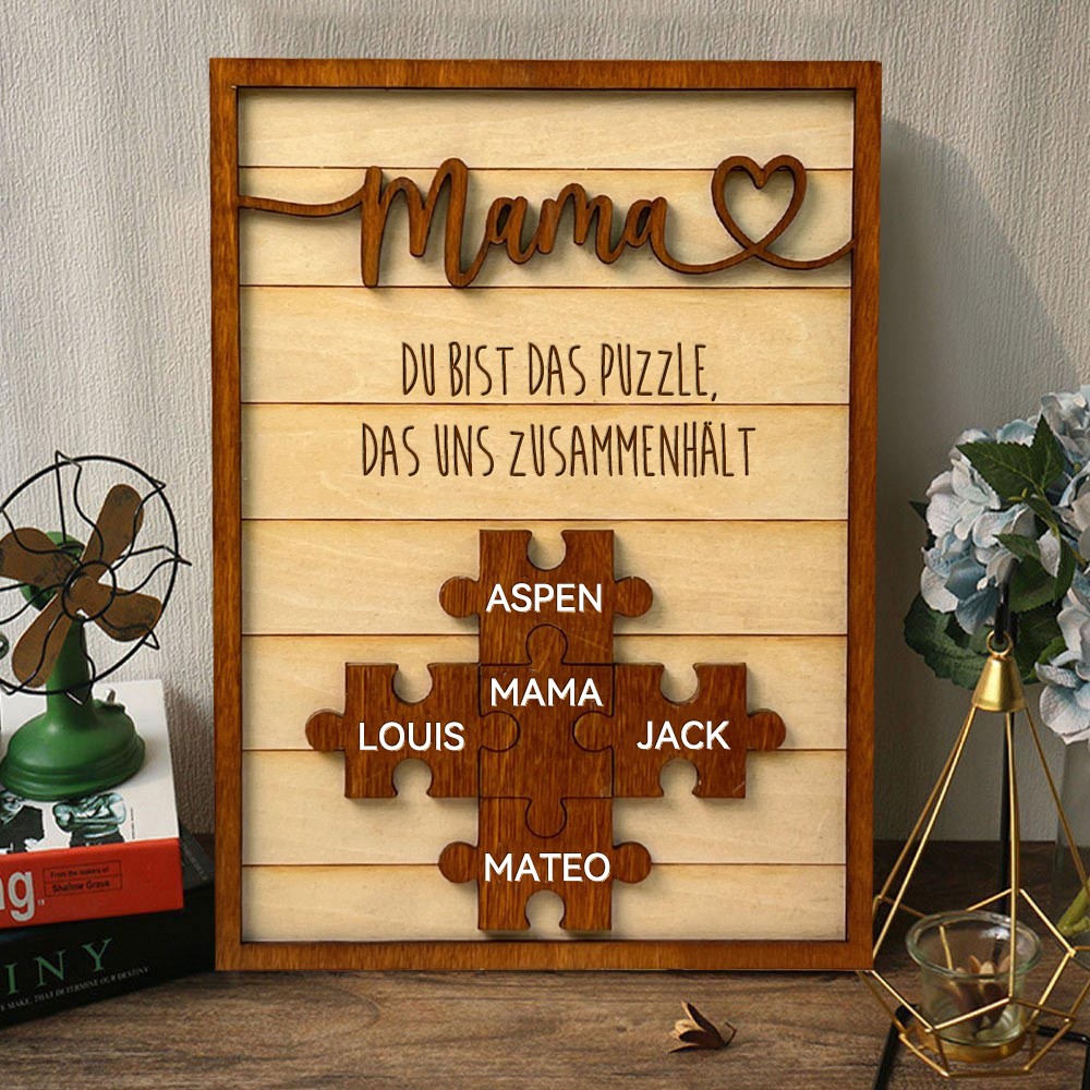Personalisierter Holzpuzzlerahmen mit dem Namen des Kindes, Schild mit dem Namen des Kindes, Familienandenken, einzigartiges Muttertagsgeschenk für Mama und Oma