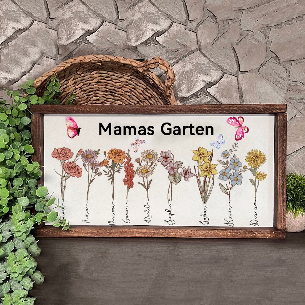 Personalisierte Holzplakette „Mamas Garten“ mit Geburtsmonatsblumen und den Namen der Kinder – Unisex-Geschenk für Mama und Oma zum Muttertag und zu Weihnachten