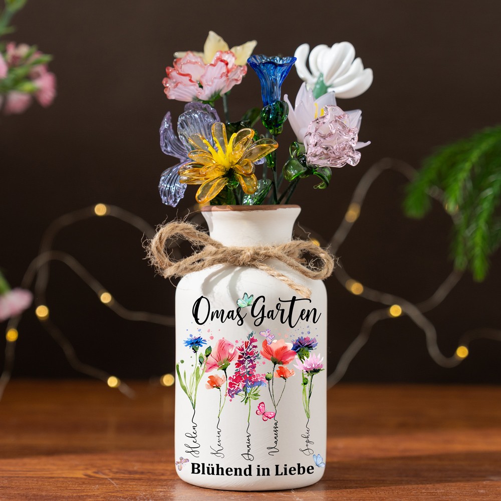 Personalisierte Vase mit Blumendruck im Garten der Großmutter, Geburtsmonat, mit den Namen der Kinder, Geburtstagsgeschenke für Mama, Oma, einzigartiges Muttertagsgeschenk, Schwangerschaftsgeschenkideen