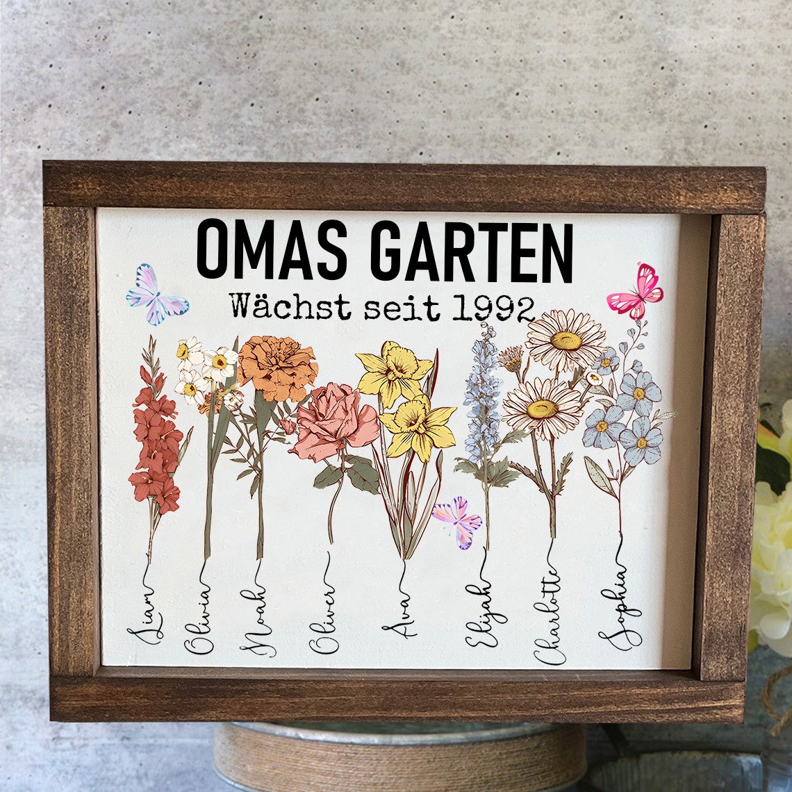 Personalisierter Aquarell-Holzrahmen mit Geburtsblumen aus Omas Garten – ein dankbares Geschenk für Oma, Mama oder zum Muttertag.