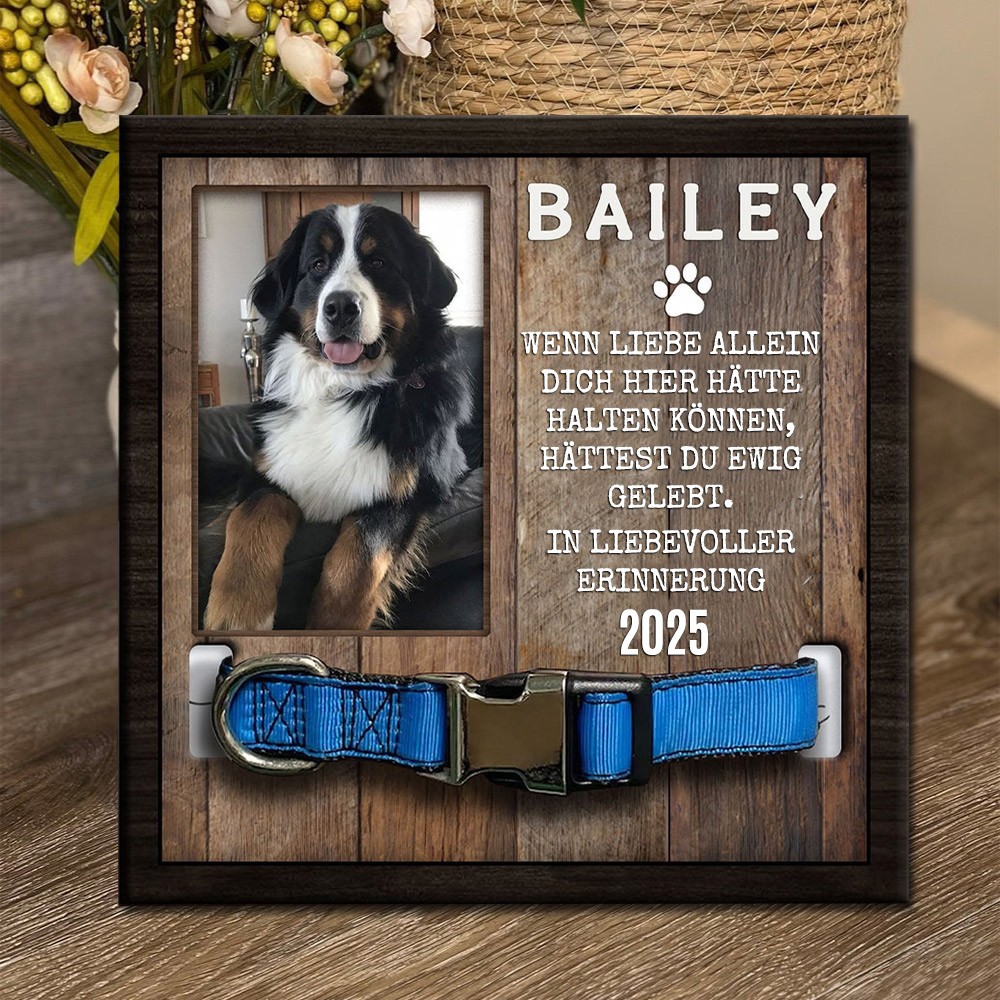 Individuell gestalteter Gedenkrahmen aus Holz mit Halsbandhalter zum Abschied von einem verstorbenen Hund – ein tröstliches Geschenk für Tierliebhaber