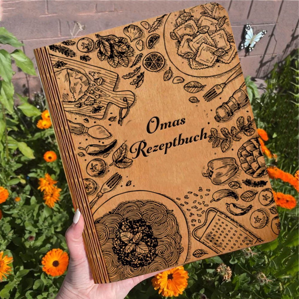 Personalisiertes Rezeptbuch aus Holz mit leerem Ordner – individuell graviertes Notizbuch für Mama, Oma und die ganze Familie – Weihnachtsgeschenk