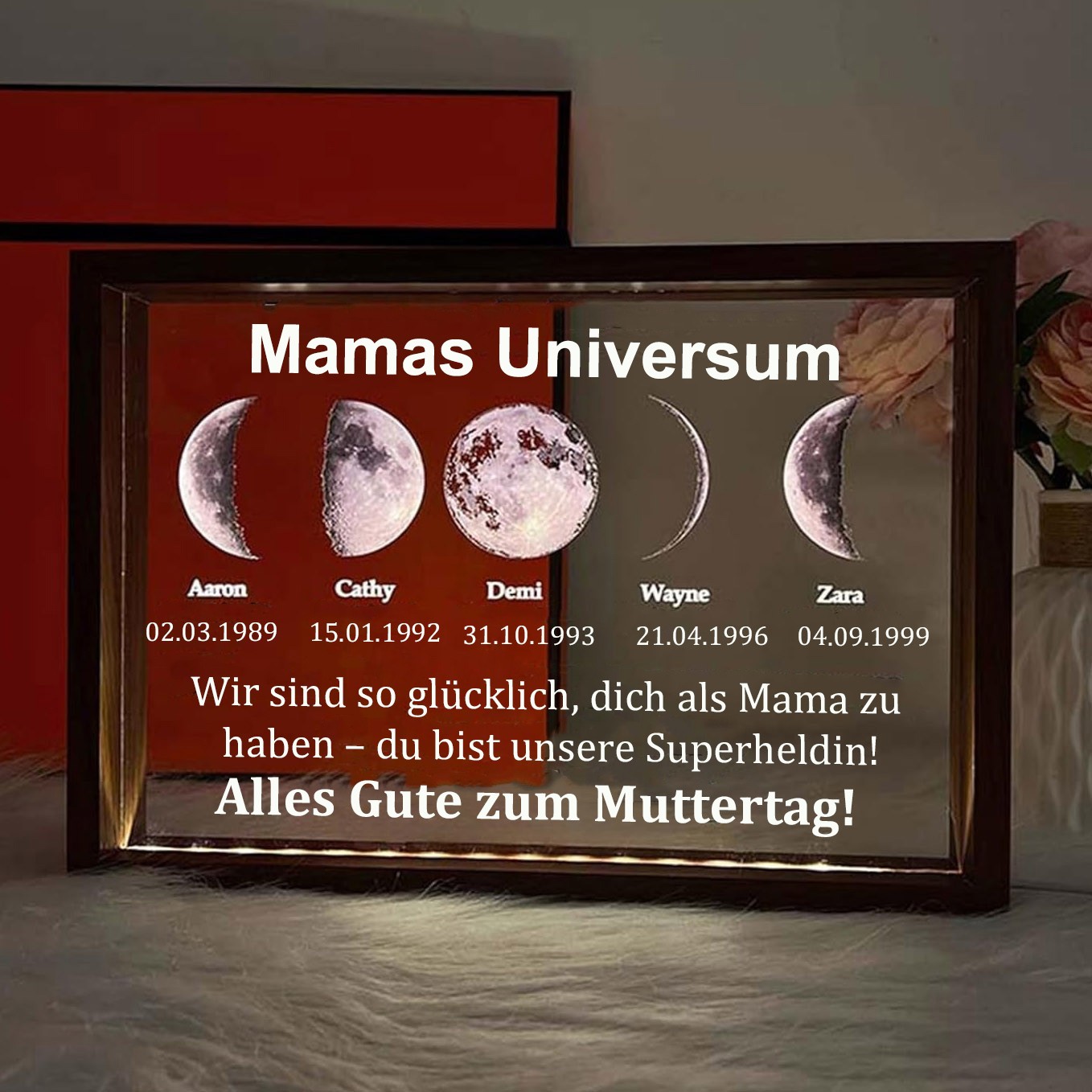 Personalisierter Nachtlichtrahmen mit Mondphasen von Mamas Universum mit den Namen der Kinder, Andenkengeschenk für Mama und Oma, Muttertagsgeschenk