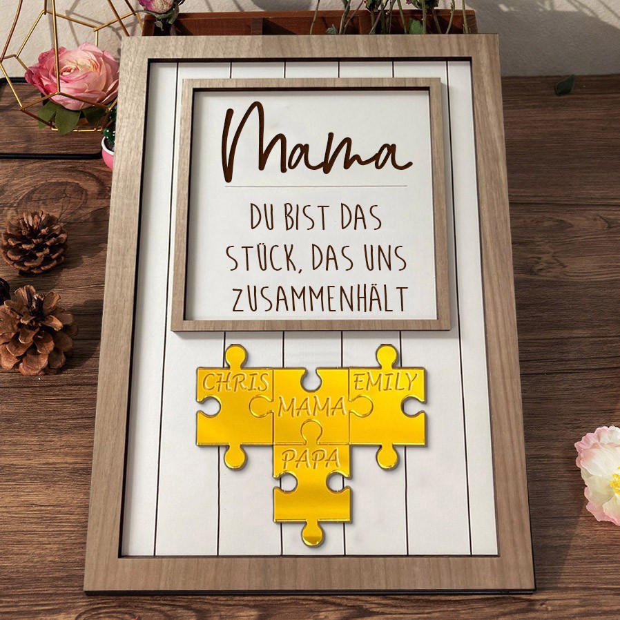 Personalisiertes Familien-Puzzleteilschild aus Holz für Mama mit 1–20 Kindernamen aus Acryl. Geburtstagsgeschenk für Mama und Oma. Einzigartige Muttertagsgeschenke. Schwangerschaftsgeschenk für Mama.