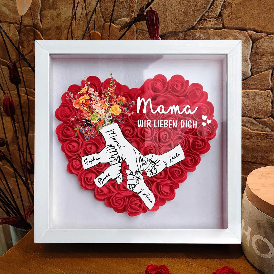 Schattenbox mit Herz und Blumenmotiv „Mama, wir lieben dich“ mit den Namen der Kinder, personalisierte Geschenke für Mama, Geschenkideen zum Muttertag
