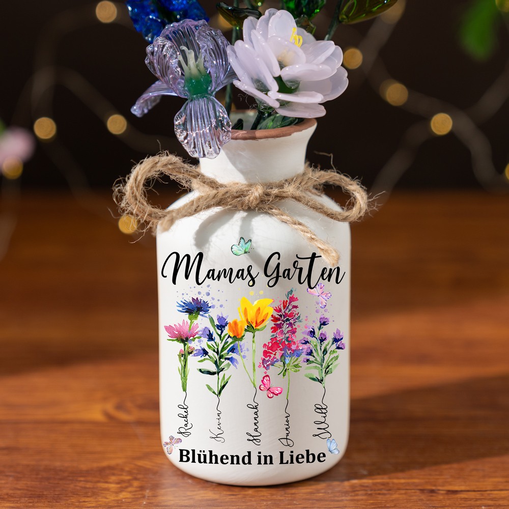 Personalisierte Mamas Gartenvase mit Blumendruck zum Geburtsmonat und den Namen der Kinder. Geburtstagsgeschenke für Mama und Oma. Einzigartiges Familiengartengeschenk. Muttertagsgeschenk. Babypartygeschenk.
