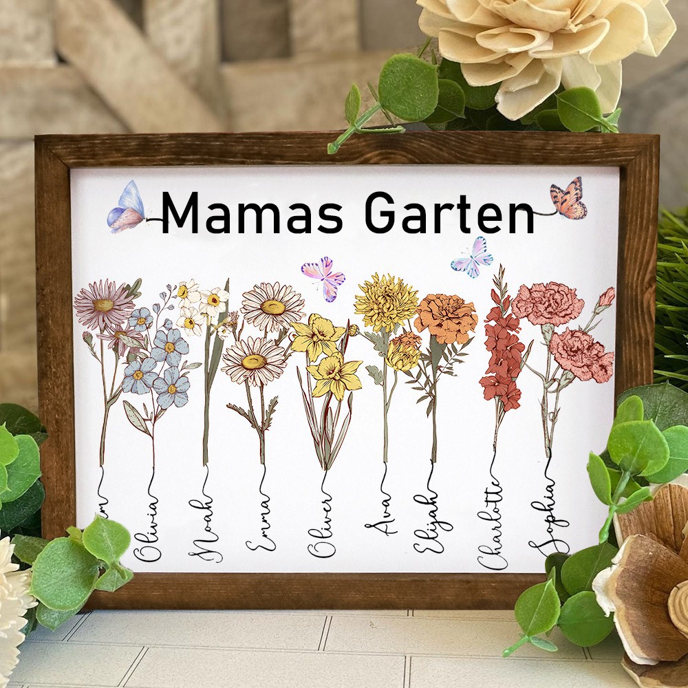 Personalisierter Bilderrahmen mit Geburtsblumenmotiv aus dem Garten der Mutter – Geschenkideen zum Muttertag für Oma und Mama