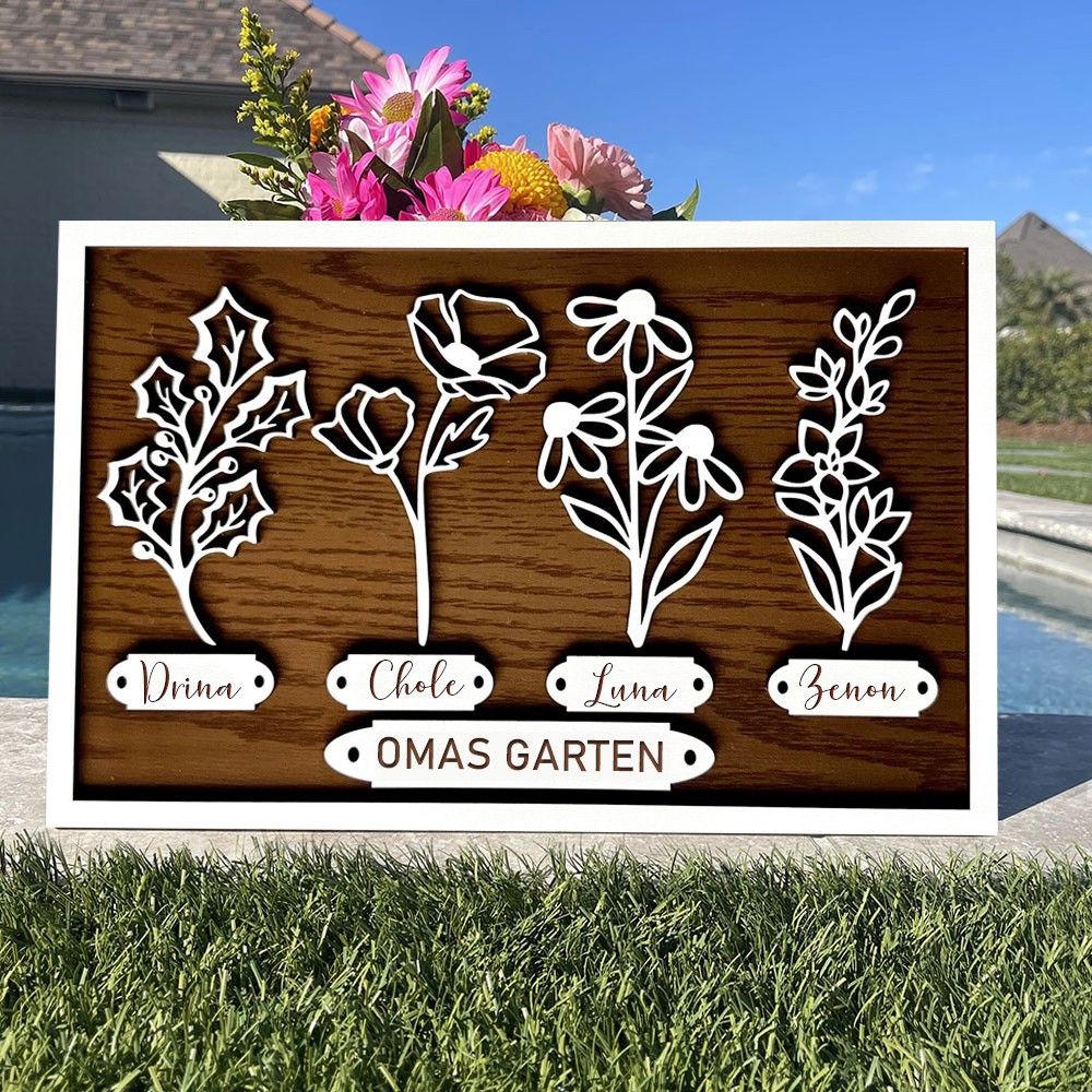 Personalisierter Geburtsblumenrahmen mit Namensschildern aus Holz – Geschenkidee für Omas Garten – Liebesgeschenk für Oma, Mama, Muttertagsgeschenk