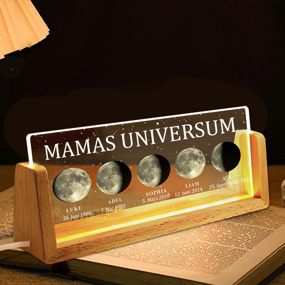 Individuelles Nachtlicht mit Mondphasen von Mamas Universum nach Datum mit den Namen der Kinder. Geschenkideen für Mama. Geschenk für neue Mama. Muttertagsgeschenke.