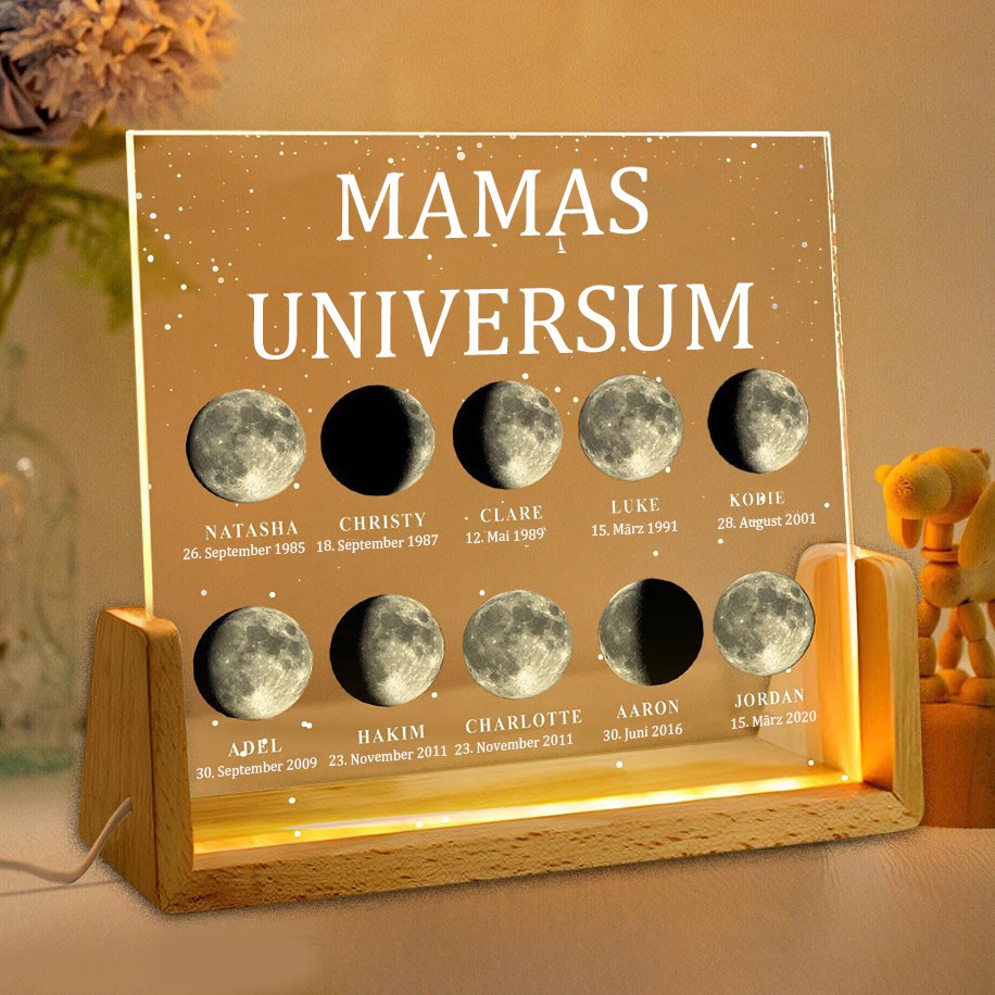Personalisiertes Mamas Universum Mondphasen-Nachtlicht nach Datum mit Kindernamen, Geschenke für Mama, einzigartiges Muttertagsgeschenk