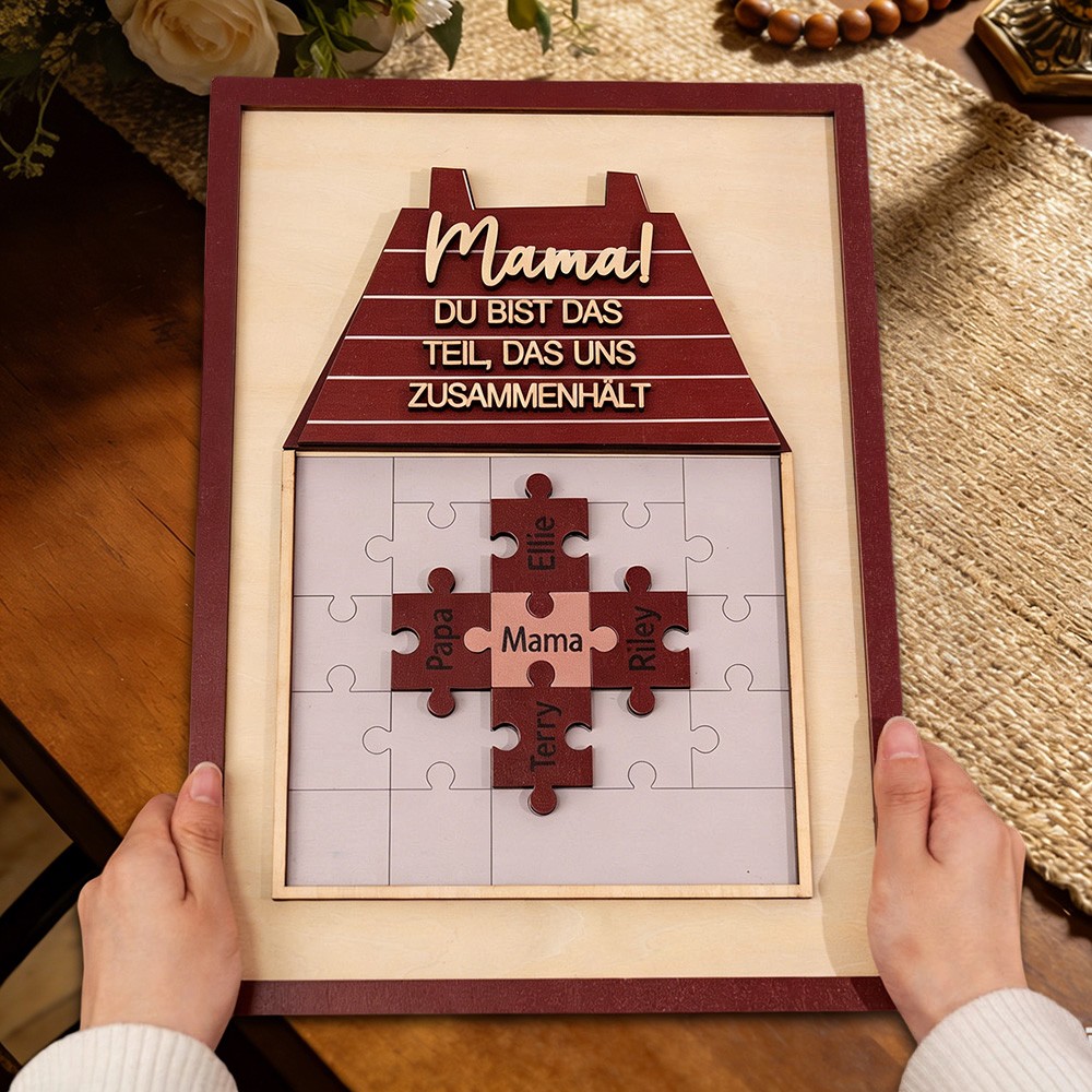 Mama, du bist das Puzzleteil, das uns zusammenhält – personalisiertes Namensschild mit Puzzleteil und Kindernamen – Geschenkidee zum Muttertag