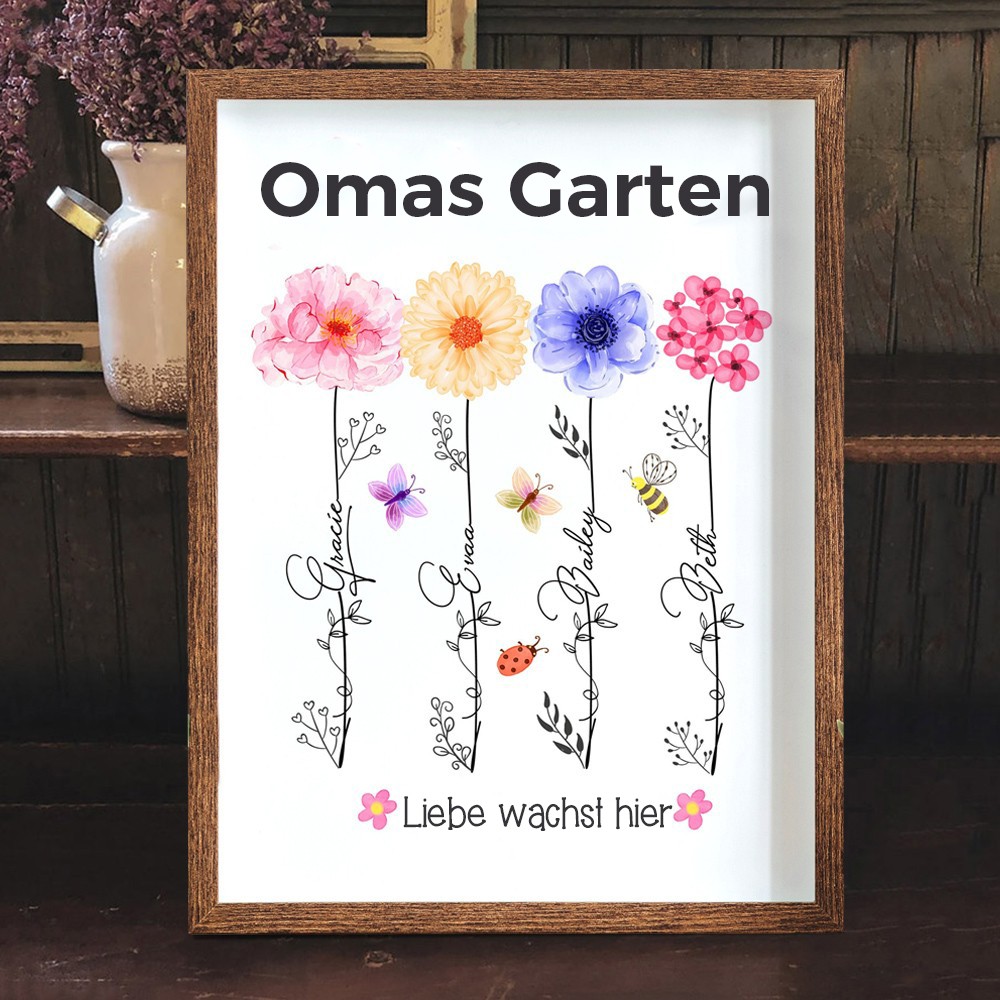 Personalisierter Kunstdruck „Omas Garten“ mit Geburtsblumenrahmen und Namensschild – Geschenkideen für Oma, Mama und Muttertag