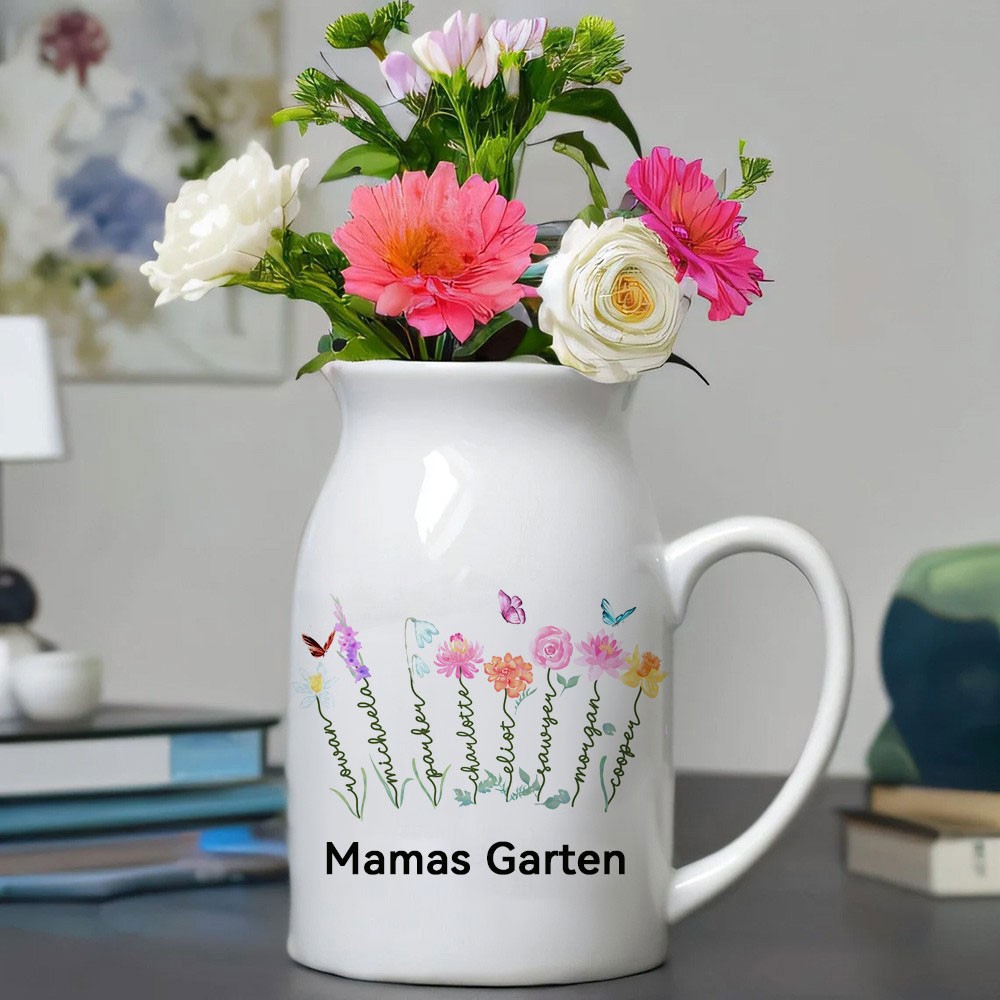 Personalisierte Mamas Garten-Aquarell-Geburtsblumenvase mit Kindernamen, Familiengeschenk für den Innenbereich, Geburtstagsgeschenk für Mama, Oma, einzigartige Geschenkideen zum Muttertag