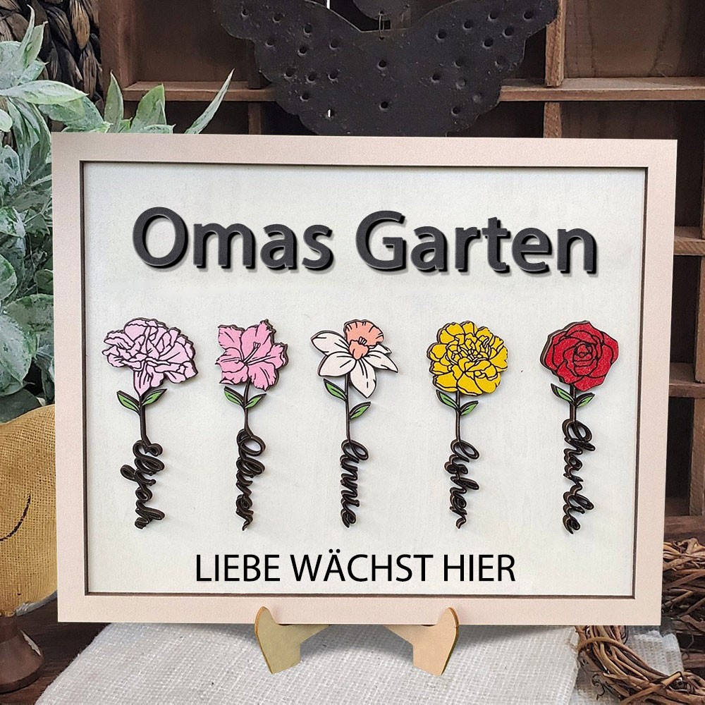 „Omas Garten – Hier wächst die Liebe“ – Personalisierter Holzrahmen mit Geburtsblumenmotiv – Geschenkidee für Mama, Oma und Muttertag