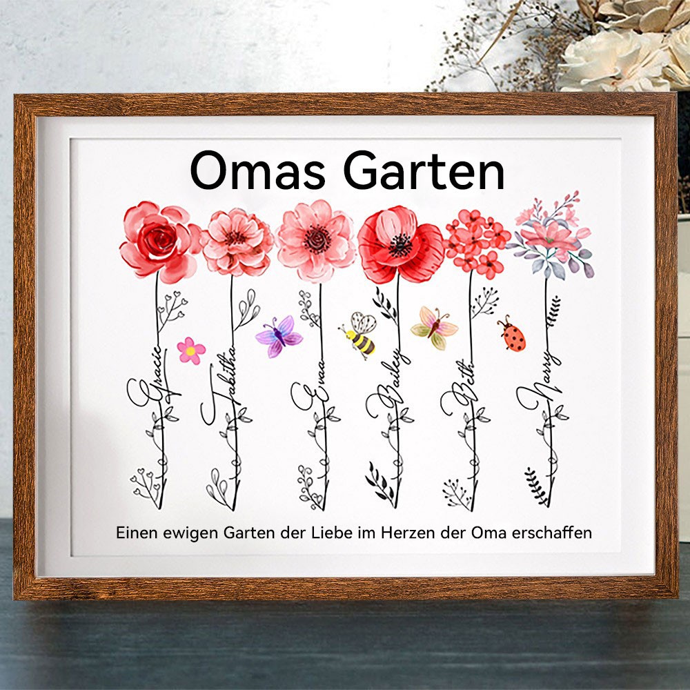 Personalisierter Kunstdruck mit Geburtsblumenrahmen – Geschenkidee für Omas Garten – Muttertagsgeschenkidee