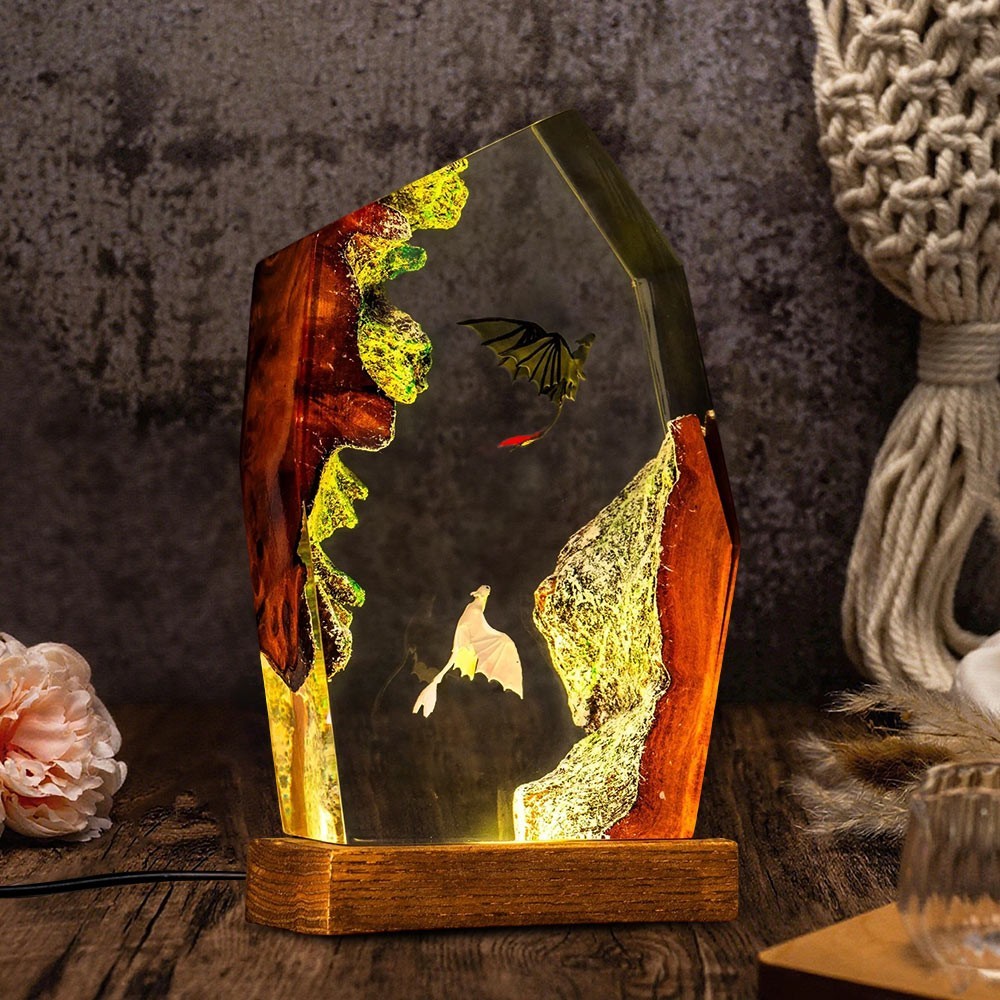 Handgefertigte Eisdrachen-Lampe aus Epoxidharz und Holz | Geschenk für Paare, Ihn, zu Weihnachten & Geburtstag