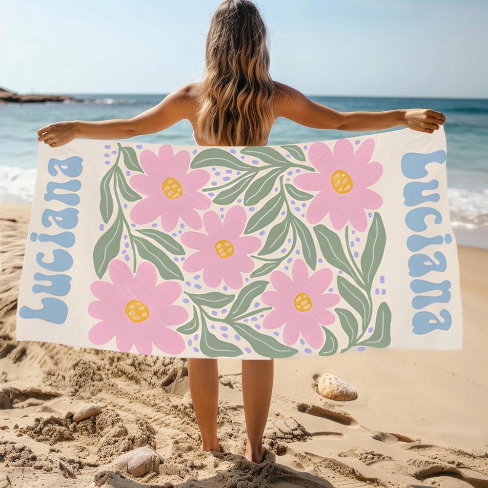 Personalisiertes, mehrfarbiges, florales, schnell trocknendes, übergroßes Strandtuch mit Namen, Sommerurlaub, Poolparty, Geschenk für Frauen, Schwimmliebhaber
