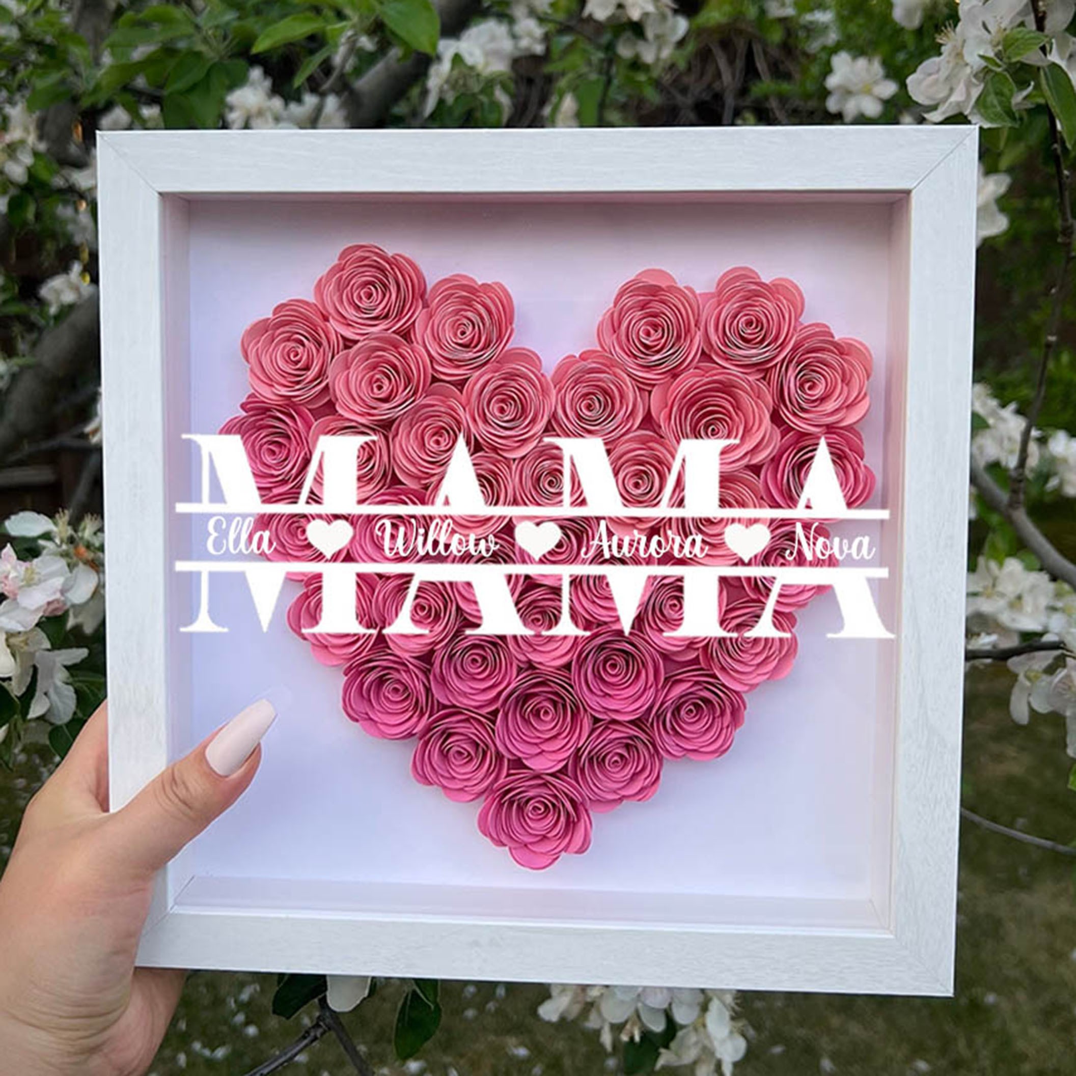 Benutzerdefinierte Kunstdruck-Mutter-Papier-Blumen-Schatten-Holzrahmen-Box mit Kindernamen, einzigartiges Familiengeschenk für Mama und Oma, besondere Ideen zum Muttertag