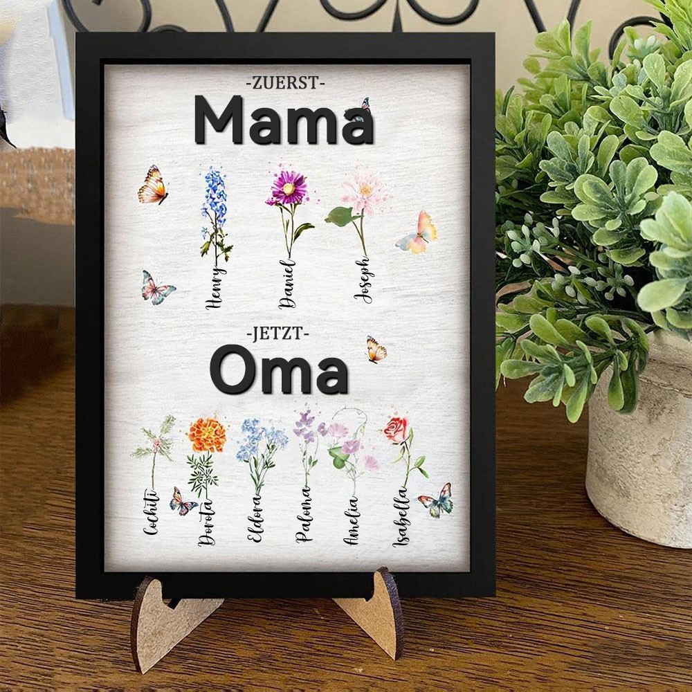 Personalisierter Bilderrahmen mit Geburtsmonatsblumen und Kindernamen – Einzigartiger Kunstdruck als Geschenkidee für Mama und Oma zum Muttertag