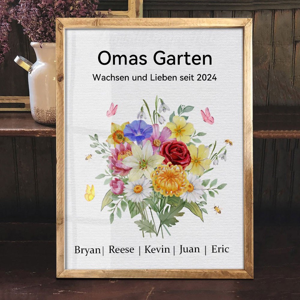 Personalisierter Geburtsblumen-Rahmen aus Holz für Omas Garten – Geschenkideen zum Muttertag für Mama und Oma
