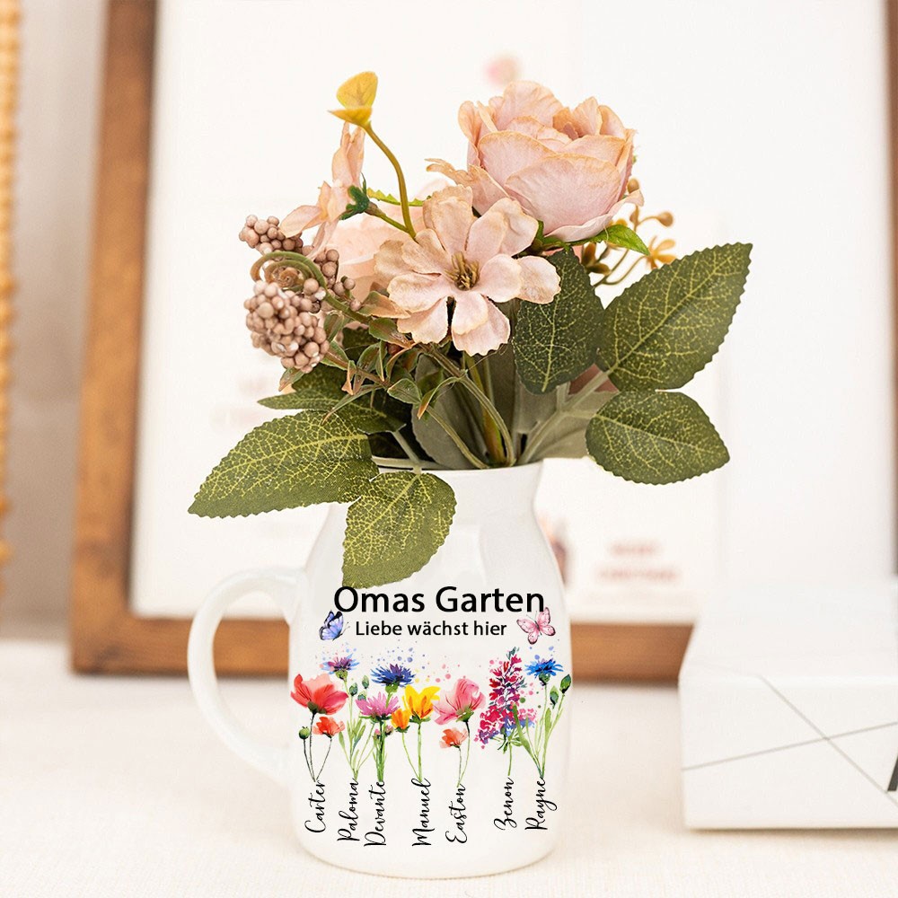 Personalisierter Kunstdruck, Geburtsblumenvase aus Omas Garten mit den Namen der Enkelkinder, Familiengeschenk für den Innenbereich, einzigartige Geschenkideen zum Muttertag