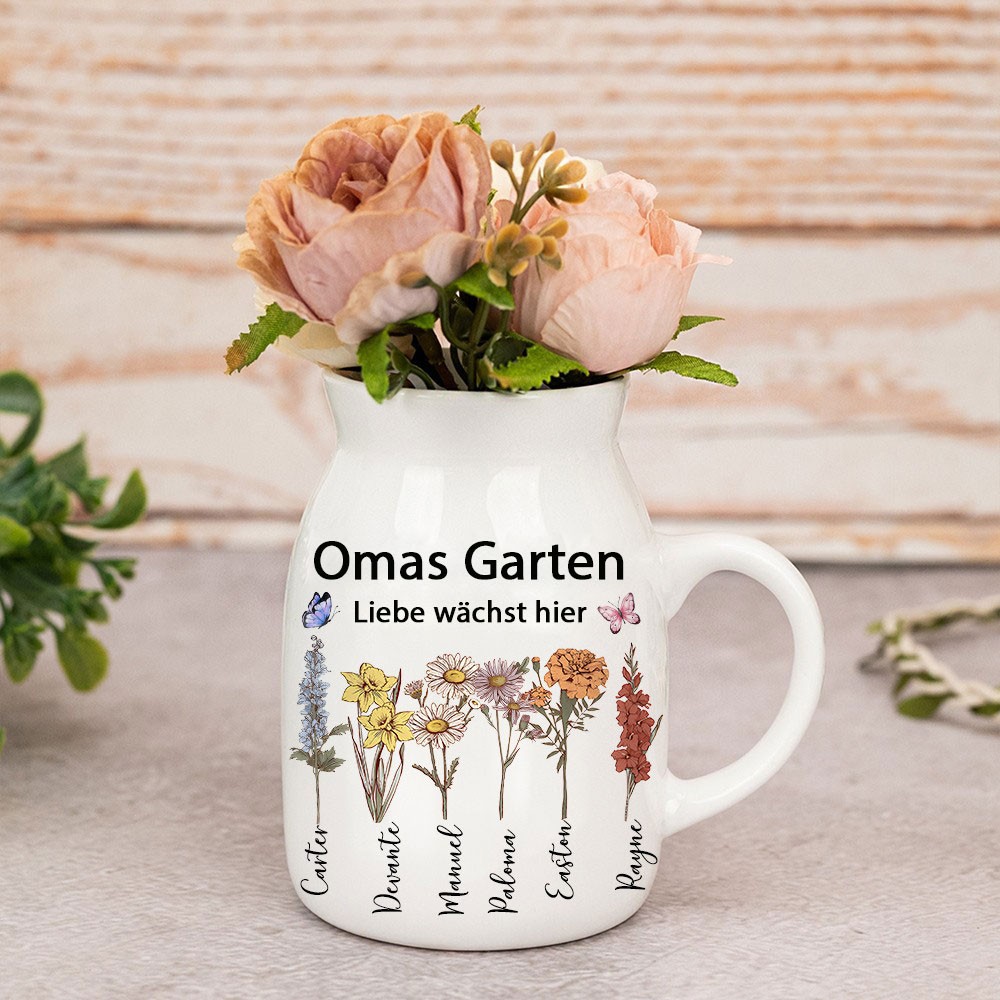 Personalisierter Kunstdruck „Omas Garten – Liebe wächst hier“ – Geburtsblumenvase für den Innenbereich mit Kindernamen – Einzigartiges Familiengeschenk für Mama, Oma, Muttertagsgeschenke