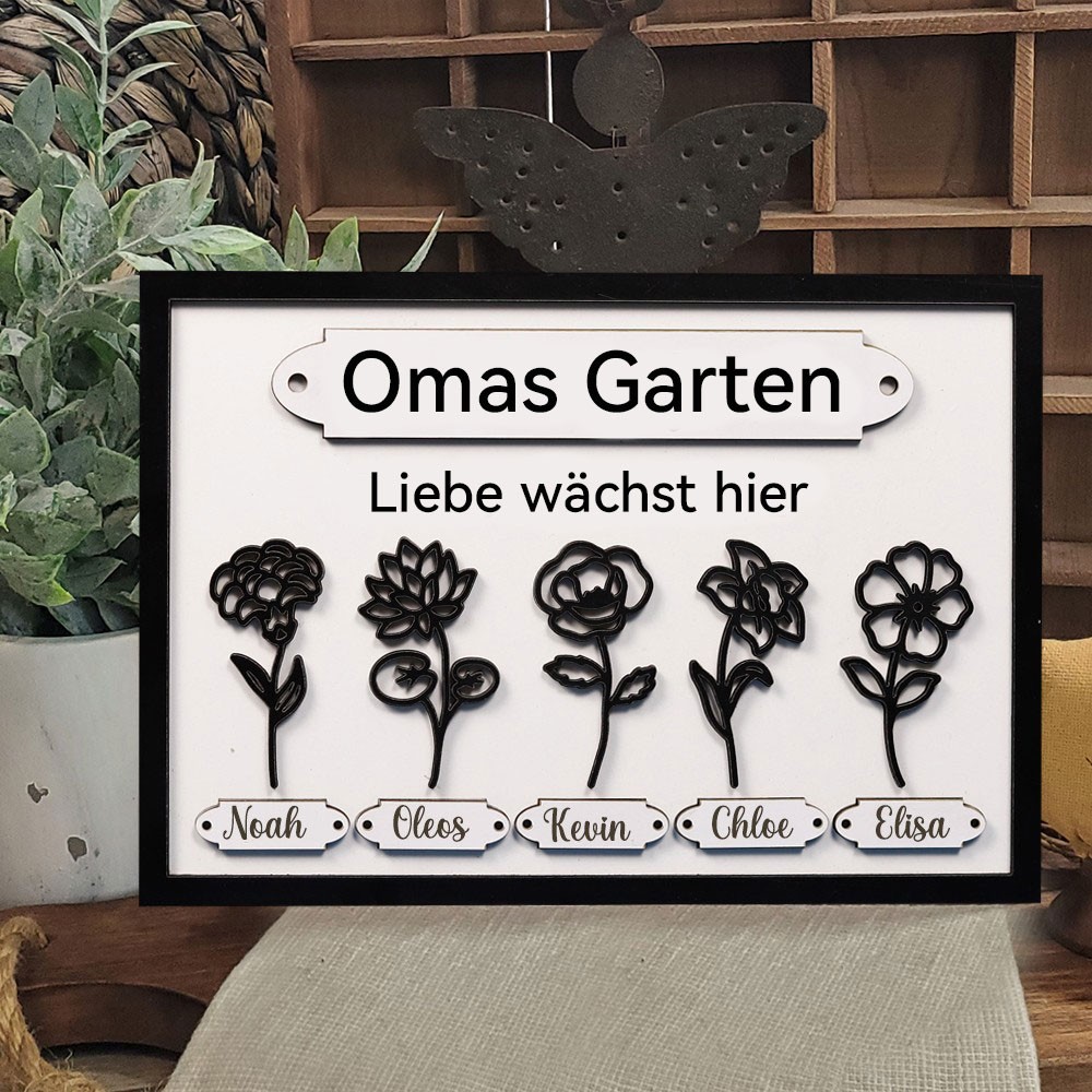 Personalisierter Holzrahmen mit Geburtsblumenmotiv und den Namen der Enkelkinder – Geschenkidee für Oma und Mama zum Muttertag