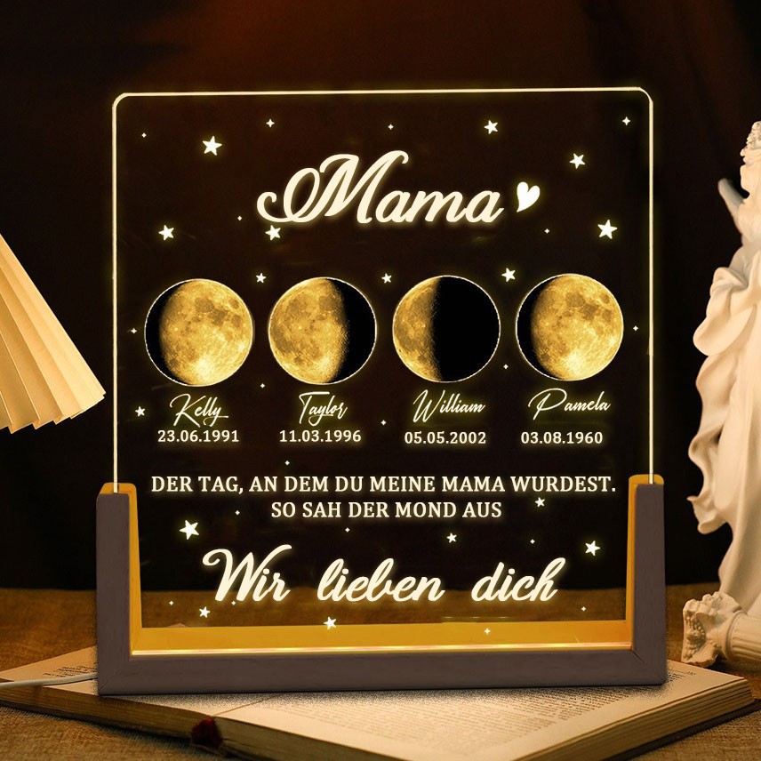 Der Tag, an dem du meine Mama wurdest. Personalisiertes Nachtlicht mit Mondphase für Mama nach Datum mit den Namen der Kinder. Geschenke für Mama zum Muttertag.