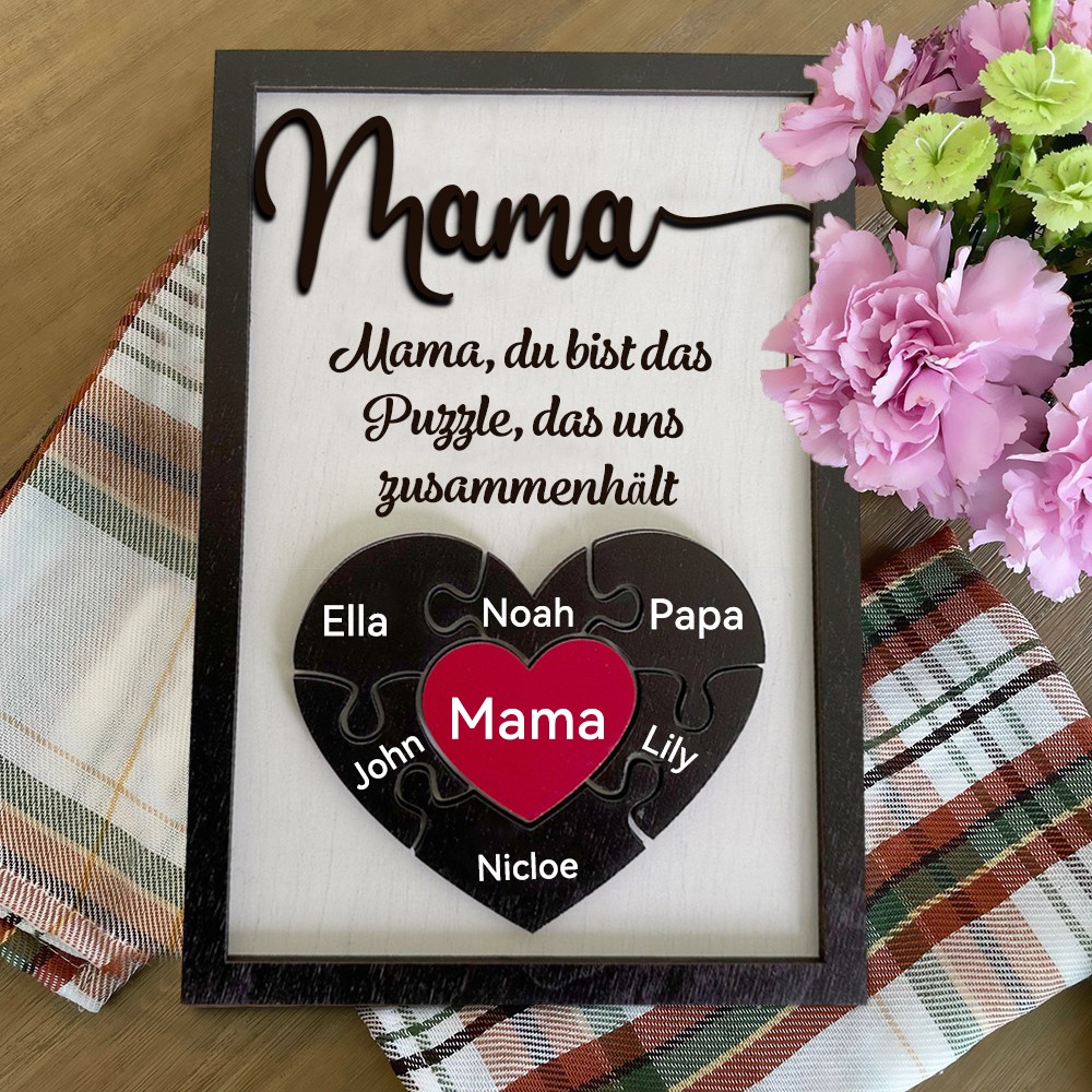 Personalisiertes Holzschild „Mama, du bist das Puzzleteil, das uns verbindet“, Schild mit dem Namen Ihres Kindes, einzigartiges Muttertagsgeschenk für Mama