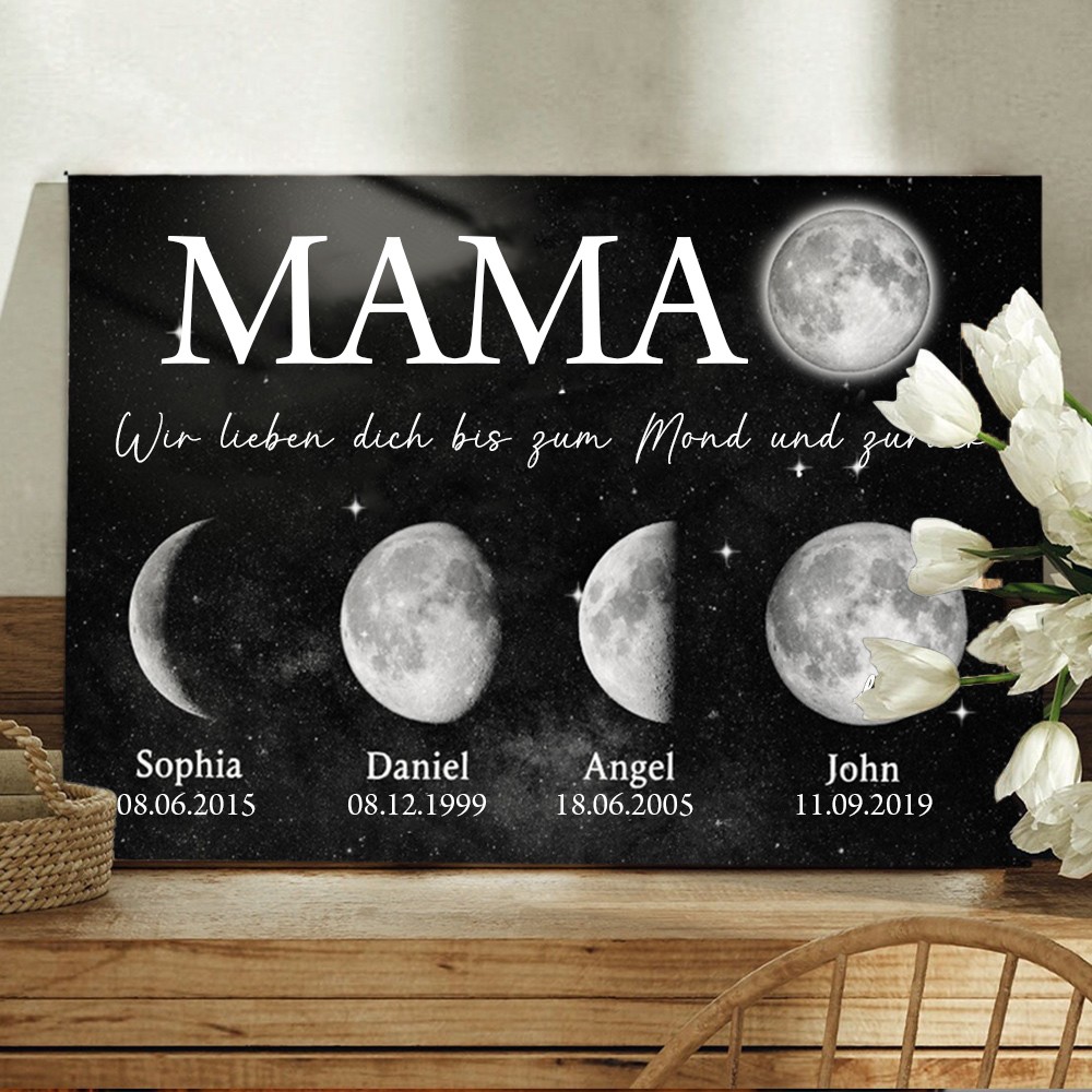 Mama, wir lieben dich bis zum Mond und zurück, Personalisierte Sternennacht-Mondphase, Namen und Geburtsdaten auf Leinwand, Muttertagsgeschenk, Geburtstagsgeschenk